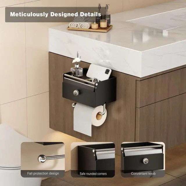 Alt view image 2 of 7 - Toilet Paper Holder with Shelf, Flushable Wipes Dispenser for Bathroom, Adhesive Toilet Paper Roll Holder with Storage Wall Mount Stick On Bathroom Tissue Holder Front Flip Design (Matte Black)