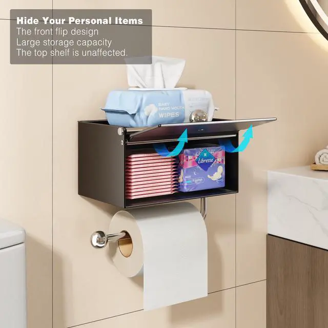 Alt view image 3 of 7 - Toilet Paper Holder with Shelf, Flushable Wipes Dispenser for Bathroom, Adhesive Toilet Paper Roll Holder with Storage Wall Mount Stick On Bathroom Tissue Holder Front Flip Design (Matte Black)
