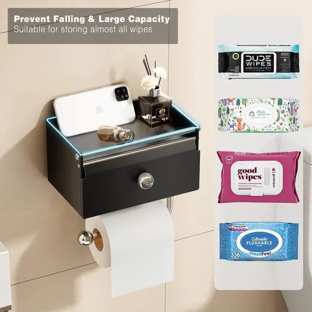 Alt view image 4 of 7 - Toilet Paper Holder with Shelf, Flushable Wipes Dispenser for Bathroom, Adhesive Toilet Paper Roll Holder with Storage Wall Mount Stick On Bathroom Tissue Holder Front Flip Design (Matte Black)