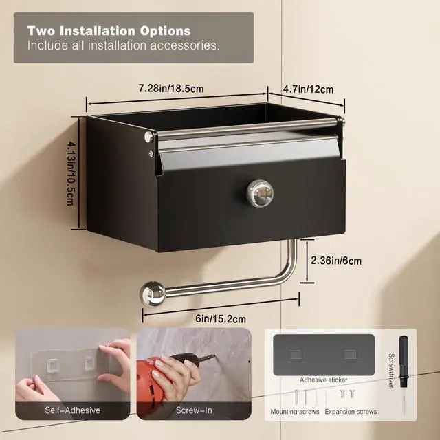 Alt view image 6 of 7 - Toilet Paper Holder with Shelf, Flushable Wipes Dispenser for Bathroom, Adhesive Toilet Paper Roll Holder with Storage Wall Mount Stick On Bathroom Tissue Holder Front Flip Design (Matte Black)