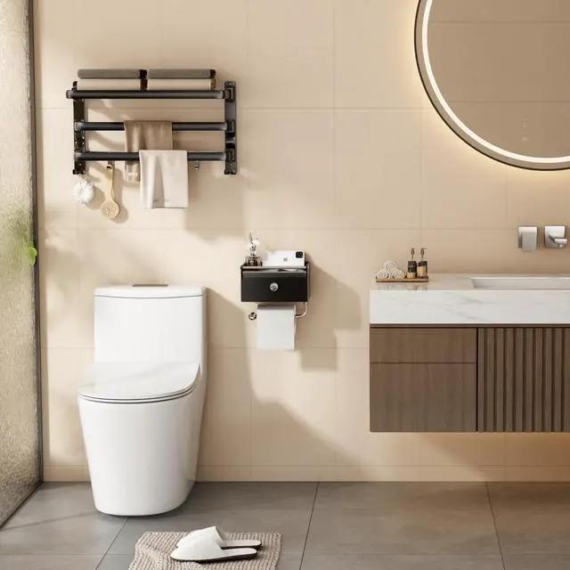 Alt view image 7 of 7 - Toilet Paper Holder with Shelf, Flushable Wipes Dispenser for Bathroom, Adhesive Toilet Paper Roll Holder with Storage Wall Mount Stick On Bathroom Tissue Holder Front Flip Design (Matte Black)