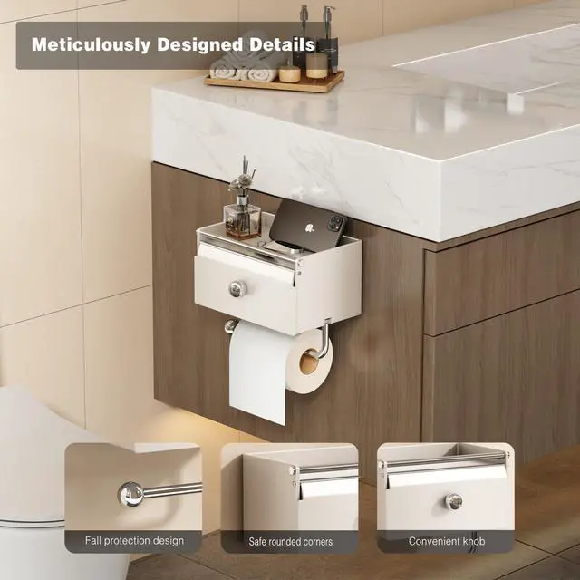 Alt view image 2 of 7 - Toilet Paper Holder with Shelf, Flushable Wipes Dispenser for Bathroom, Adhesive Toilet Paper Roll Holder with Storage Wall Mount Stick On Bathroom Tissue Holder Front Flip Design (Matte White)