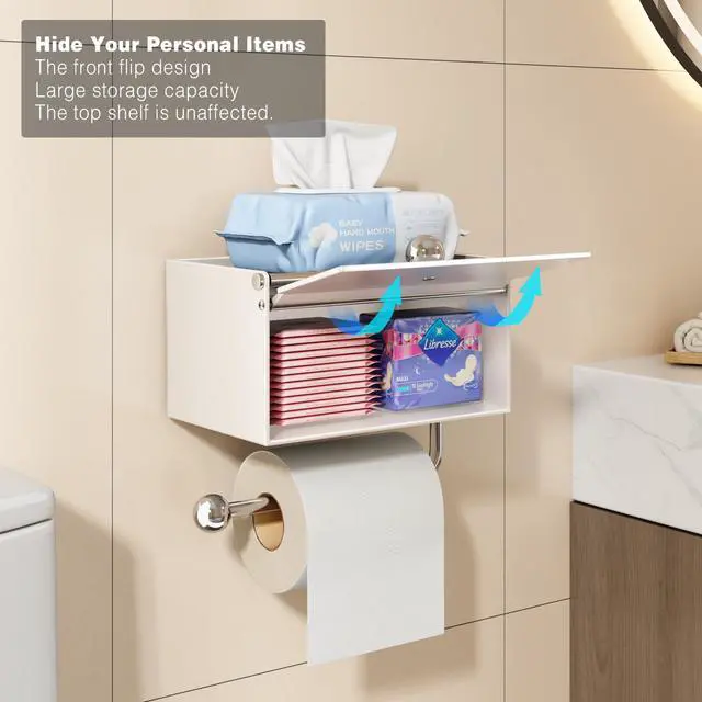 Alt view image 3 of 7 - Toilet Paper Holder with Shelf, Flushable Wipes Dispenser for Bathroom, Adhesive Toilet Paper Roll Holder with Storage Wall Mount Stick On Bathroom Tissue Holder Front Flip Design (Matte White)