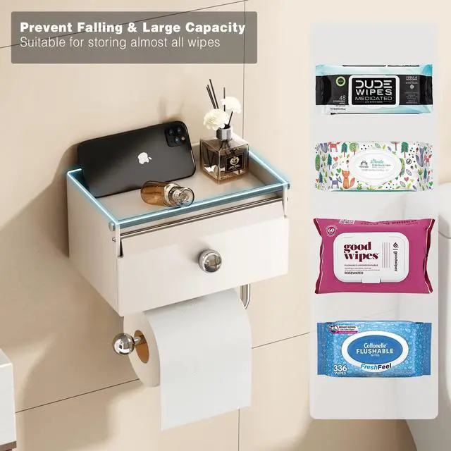 Alt view image 4 of 7 - Toilet Paper Holder with Shelf, Flushable Wipes Dispenser for Bathroom, Adhesive Toilet Paper Roll Holder with Storage Wall Mount Stick On Bathroom Tissue Holder Front Flip Design (Matte White)