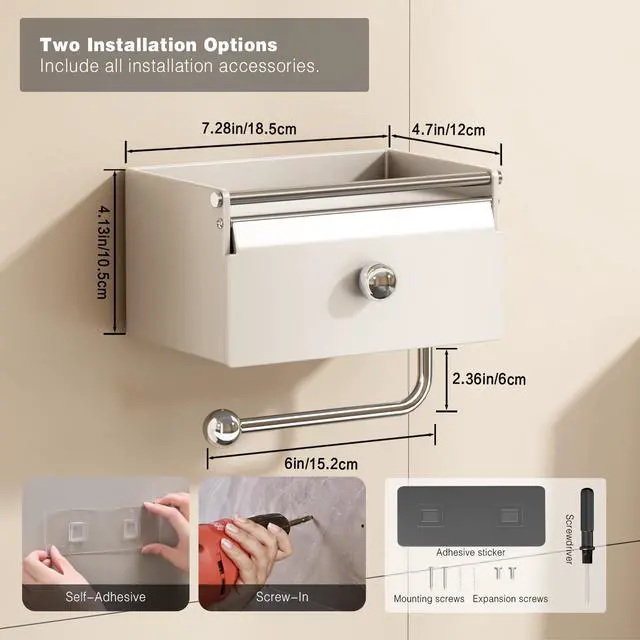 Alt view image 6 of 7 - Toilet Paper Holder with Shelf, Flushable Wipes Dispenser for Bathroom, Adhesive Toilet Paper Roll Holder with Storage Wall Mount Stick On Bathroom Tissue Holder Front Flip Design (Matte White)