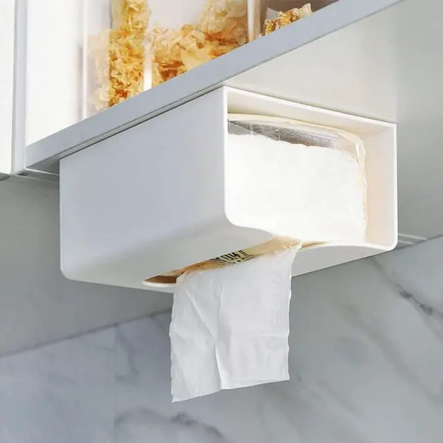 Alt view image 5 of 7 - Tissue Box Cover,Wall Mount Tissue Box Holder Tissue Box Holder Self Adhesive Napkin Holder Dispenser for Table & Kitchen Cabinet & Wall, (White No self-Adhesive Strip 7.6in*5.3in*8.3in)