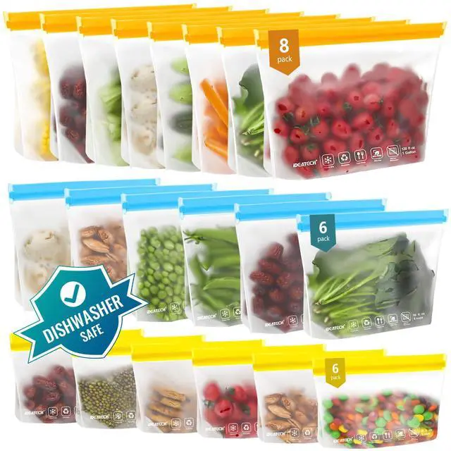 Main image of 20Pack Reusable Bags Dishwasher Safe, Leakproof Reusable Freezer Bags, BPA Free Healthy Food Storage Contaizers Sandwich Snack Baggies for Lunch Travel(8 Gallon 6 Quart 6 Snack,Colored)