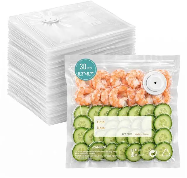 Main image of Reusable Vacuum Seal Bags for Food, 30 Pack Small BPA-Free Storage Bags, Leak Proof, Odor Resistant, Freezer & Microwave Safe, Heavy Duty Bags for Meat, Fruits & Dry Goods, 8.27 x 8.66 in