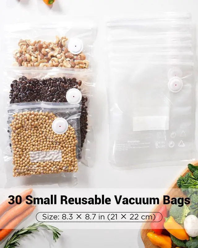 Alt view image 6 of 7 - Reusable Vacuum Seal Bags for Food, 30 Pack Small BPA-Free Storage Bags, Leak Proof, Odor Resistant, Freezer & Microwave Safe, Heavy Duty Bags for Meat, Fruits & Dry Goods, 8.27 x 8.66 in