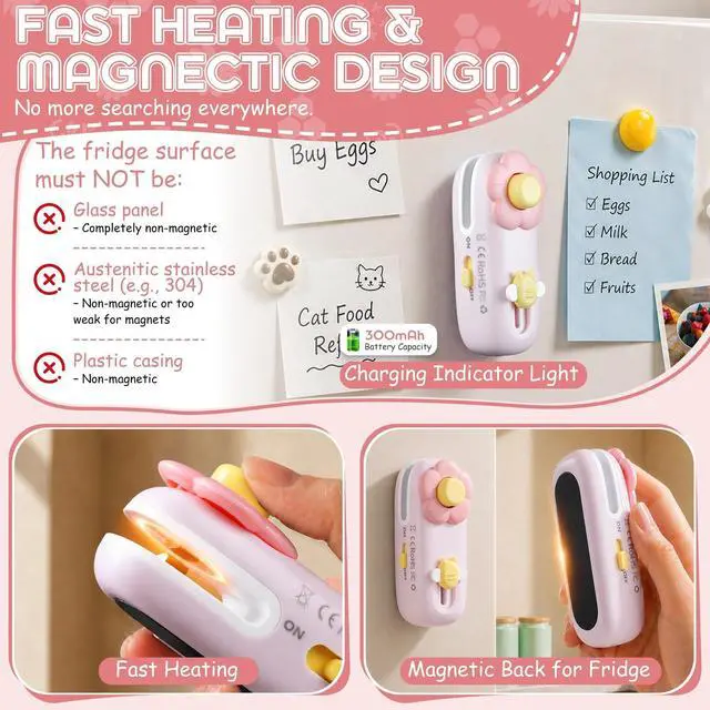 Alt view image 3 of 7 - Rechargeable Bag Heat Sealer 2-in-1 Mini Handheld Snacks Sealer with Cutter & Magnet, Portable for Opening the Package, Sealing Plastic Food Storage Bags (Pink)