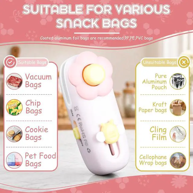 Alt view image 4 of 7 - Rechargeable Bag Heat Sealer 2-in-1 Mini Handheld Snacks Sealer with Cutter & Magnet, Portable for Opening the Package, Sealing Plastic Food Storage Bags (Pink)