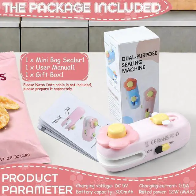 Alt view image 2 of 7 - Rechargeable Bag Heat Sealer 2-in-1 Mini Handheld Snacks Sealer with Cutter & Magnet, Portable for Opening the Package, Sealing Plastic Food Storage Bags (Pink)