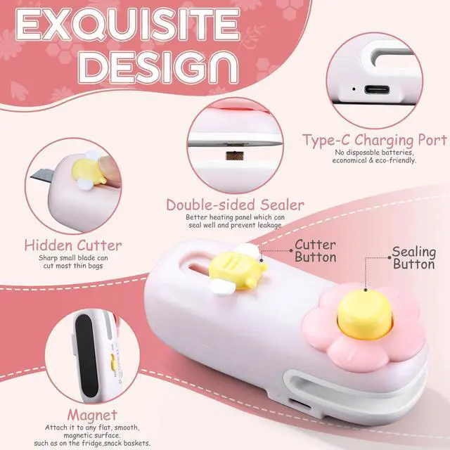 Alt view image 5 of 7 - Rechargeable Bag Heat Sealer 2-in-1 Mini Handheld Snacks Sealer with Cutter & Magnet, Portable for Opening the Package, Sealing Plastic Food Storage Bags (Pink)