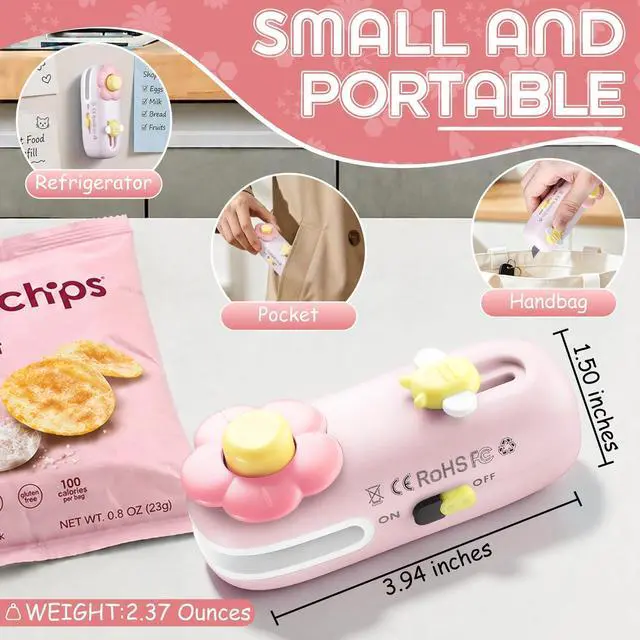Alt view image 6 of 7 - Rechargeable Bag Heat Sealer 2-in-1 Mini Handheld Snacks Sealer with Cutter & Magnet, Portable for Opening the Package, Sealing Plastic Food Storage Bags (Pink)