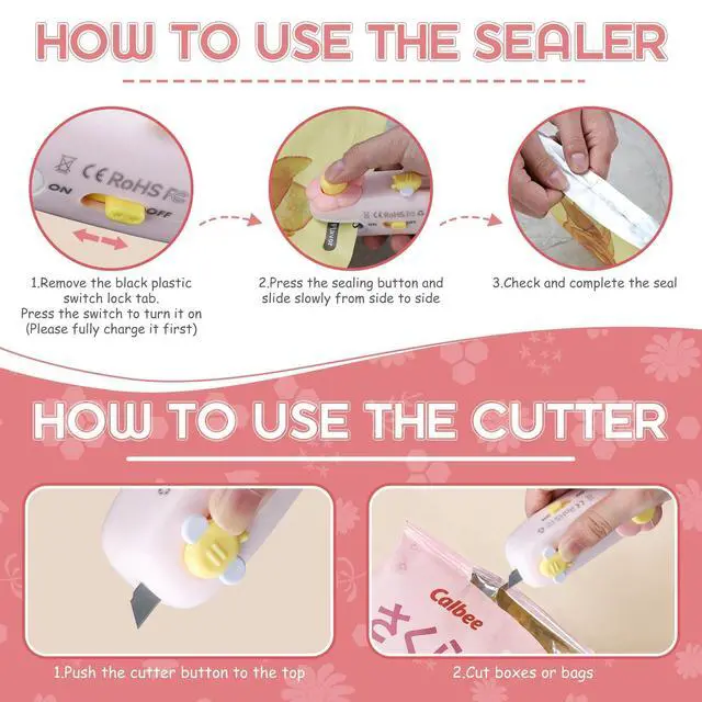 Alt view image 7 of 7 - Rechargeable Bag Heat Sealer 2-in-1 Mini Handheld Snacks Sealer with Cutter & Magnet, Portable for Opening the Package, Sealing Plastic Food Storage Bags (Pink)