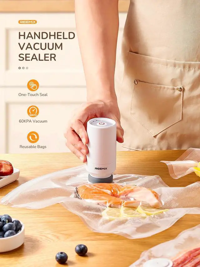 Alt view image 3 of 7 - Handheld Vacuum Sealer with 10 Reusable Bags (10"x13.8" & 11.8"x13.5"), Wireless Rechargeable Food Vacuum Sealer for Sous Vide, Meal Prep, BPA-Free, Portable & Space-Saving