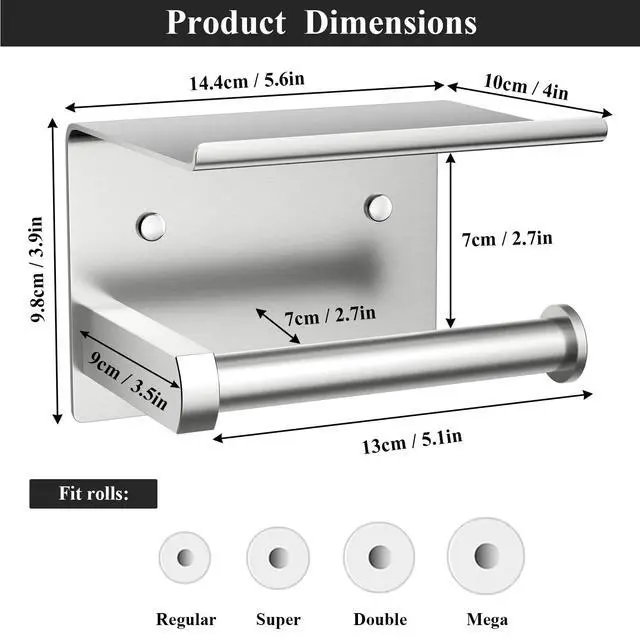 Alt view image 3 of 5 - Heavy Duty Toilet Paper Holder with Shelf, Adhesive or Screw Wall Mount Toilet Tissue Roll Holder, Rustproof & Multifunctional Stainless Steel Bathroom Storage Dispenser (Brushed Nickel)
