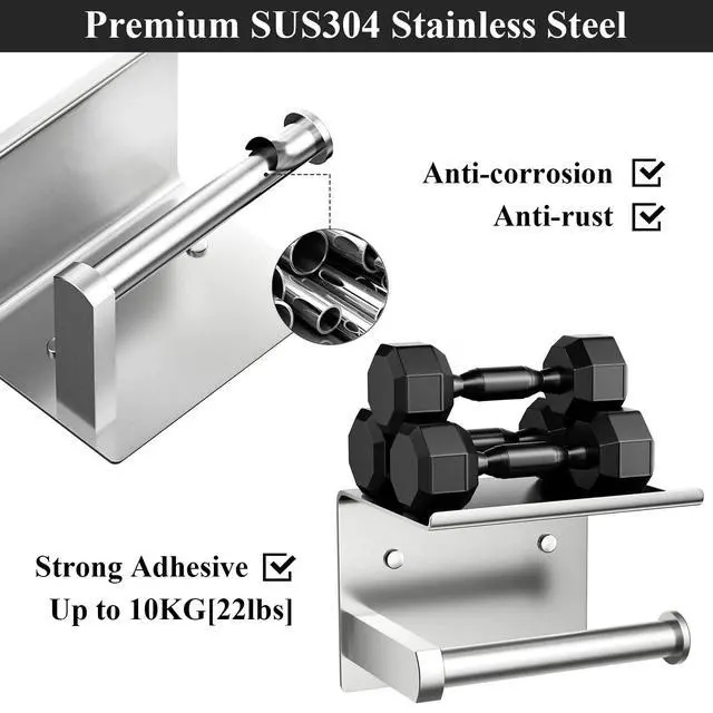 Alt view image 4 of 5 - Heavy Duty Toilet Paper Holder with Shelf, Adhesive or Screw Wall Mount Toilet Tissue Roll Holder, Rustproof & Multifunctional Stainless Steel Bathroom Storage Dispenser (Brushed Nickel)