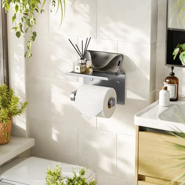 Alt view image 2 of 5 - Heavy Duty Toilet Paper Holder with Shelf, Adhesive or Screw Wall Mount Toilet Tissue Roll Holder, Rustproof & Multifunctional Stainless Steel Bathroom Storage Dispenser (Brushed Nickel)
