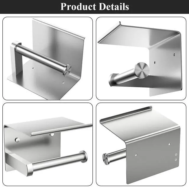 Alt view image 5 of 5 - Heavy Duty Toilet Paper Holder with Shelf, Adhesive or Screw Wall Mount Toilet Tissue Roll Holder, Rustproof & Multifunctional Stainless Steel Bathroom Storage Dispenser (Brushed Nickel)