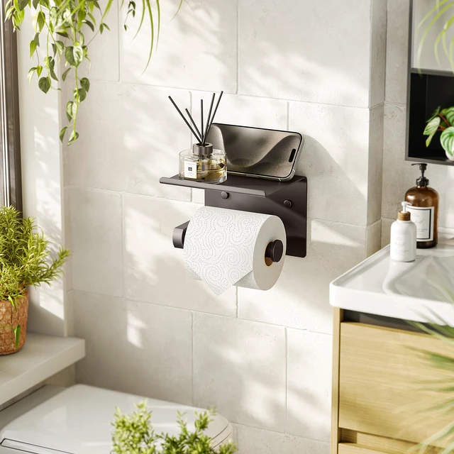 Alt view image 2 of 5 - Toilet Paper Holder with Shelf Wall Mounted Toilet Paper Roll Dispenser Heavy Duty Stainless Steel Bronze