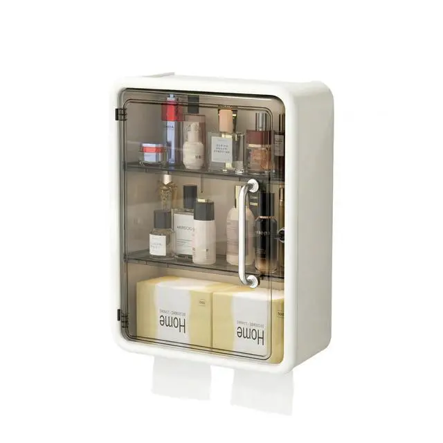 Main image of Cream Wall Mounted Toilet Paper Holder with Clear Storage Drawer, Double Layer Bathroom Paper Towel Dispenser for Sanitary Pads, Waterproof Toilet Tissue Box with Magnetic Cover (White)
