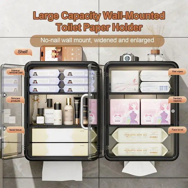 Alt view image 5 of 7 - Cream Wall Mounted Toilet Paper Holder with Clear Storage Drawer, Double Layer Bathroom Paper Towel Dispenser for Sanitary Pads, Waterproof Toilet Tissue Box with Magnetic Cover (White)