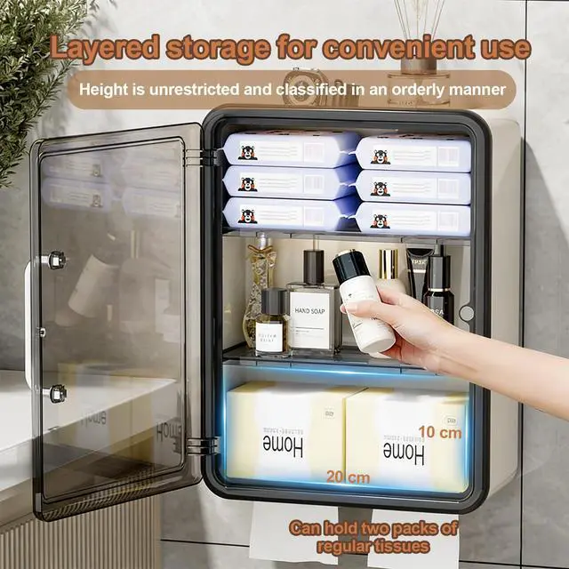 Alt view image 6 of 7 - Cream Wall Mounted Toilet Paper Holder with Clear Storage Drawer, Double Layer Bathroom Paper Towel Dispenser for Sanitary Pads, Waterproof Toilet Tissue Box with Magnetic Cover (White)