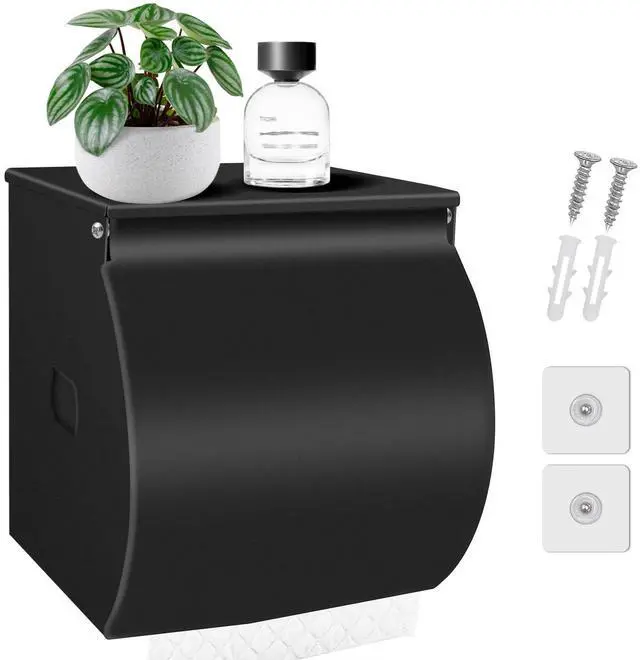 Main image of Toilet Paper Holder Wall Mount, Self Adhesive Toilet Paper Holder with Shelf, Waterproof Stainless Steel Bathroom Toilet Tissue Roll Holder Cat Dog Proof, Black