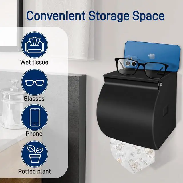 Alt view image 2 of 6 - Toilet Paper Holder Wall Mount, Self Adhesive Toilet Paper Holder with Shelf, Waterproof Stainless Steel Bathroom Toilet Tissue Roll Holder Cat Dog Proof, Black