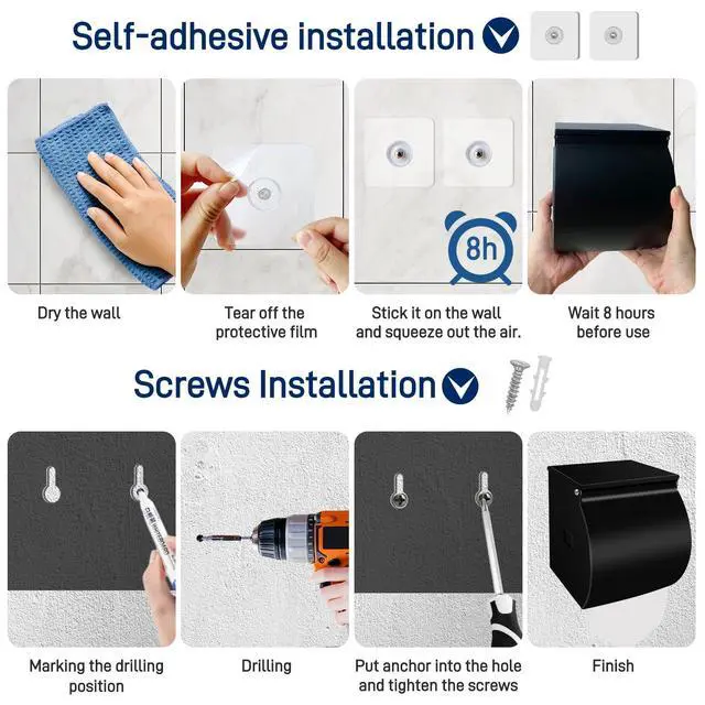 Alt view image 6 of 6 - Toilet Paper Holder Wall Mount, Self Adhesive Toilet Paper Holder with Shelf, Waterproof Stainless Steel Bathroom Toilet Tissue Roll Holder Cat Dog Proof, Black