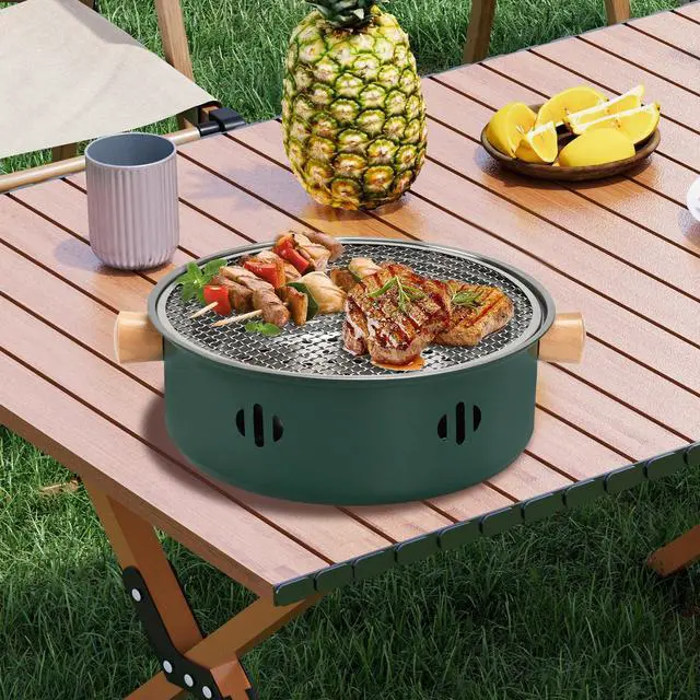 Alt view image 4 of 7 - Portable Charcoal Barbecue Grill, 1pc Mini BBQ Grill Multifunctional Charcoal Grill Round Tabletop Charcoal Grill for Outdoor Cooking Home Party Picnic Camping (Green)