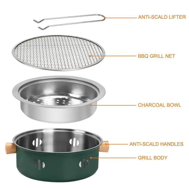 Alt view image 2 of 7 - Portable Charcoal Barbecue Grill, 1pc Mini BBQ Grill Multifunctional Charcoal Grill Round Tabletop Charcoal Grill for Outdoor Cooking Home Party Picnic Camping (Green)