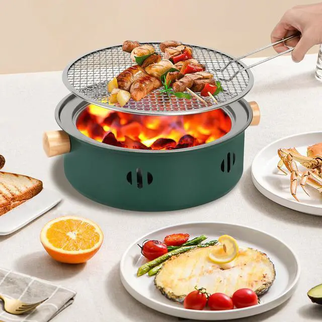 Alt view image 6 of 7 - Portable Charcoal Barbecue Grill, 1pc Mini BBQ Grill Multifunctional Charcoal Grill Round Tabletop Charcoal Grill for Outdoor Cooking Home Party Picnic Camping (Green)