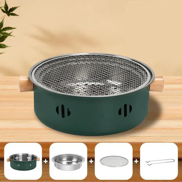 Alt view image 7 of 7 - Portable Charcoal Barbecue Grill, 1pc Mini BBQ Grill Multifunctional Charcoal Grill Round Tabletop Charcoal Grill for Outdoor Cooking Home Party Picnic Camping (Green)
