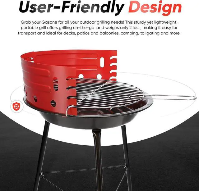 Alt view image 2 of 7 - Charcoal Grill Barbecue Grill with 4 Levels for Flame Control Dual Venting System Portable for Backyard, Camping, Boat, Red