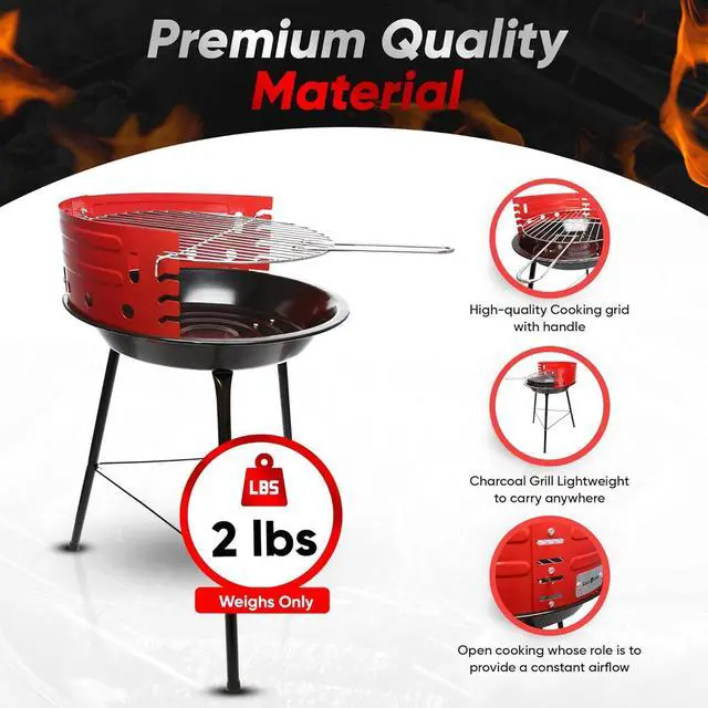 Alt view image 4 of 7 - Charcoal Grill Barbecue Grill with 4 Levels for Flame Control Dual Venting System Portable for Backyard, Camping, Boat, Red
