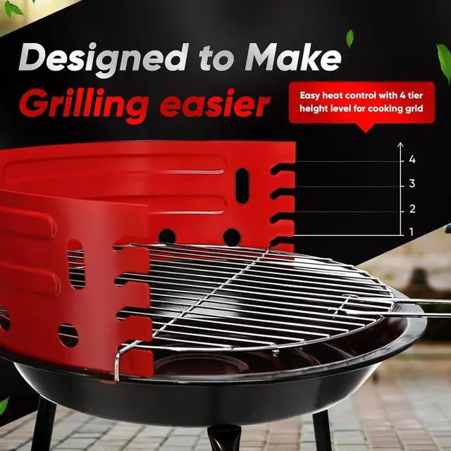 Alt view image 5 of 7 - Charcoal Grill Barbecue Grill with 4 Levels for Flame Control Dual Venting System Portable for Backyard, Camping, Boat, Red