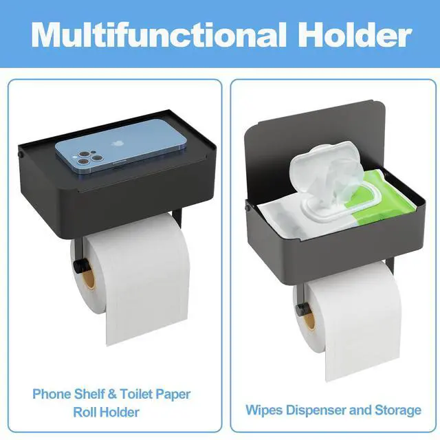 Alt view image 3 of 7 - Toilet Paper Holder with Shelf, Flushable Wipes Dispenser Fits for Bathroom Wipe Storage, Keep Your Wipes Hidden Out of Sight - SUS304 Stainless Steel Wall Mount Organizer (Matte Black)