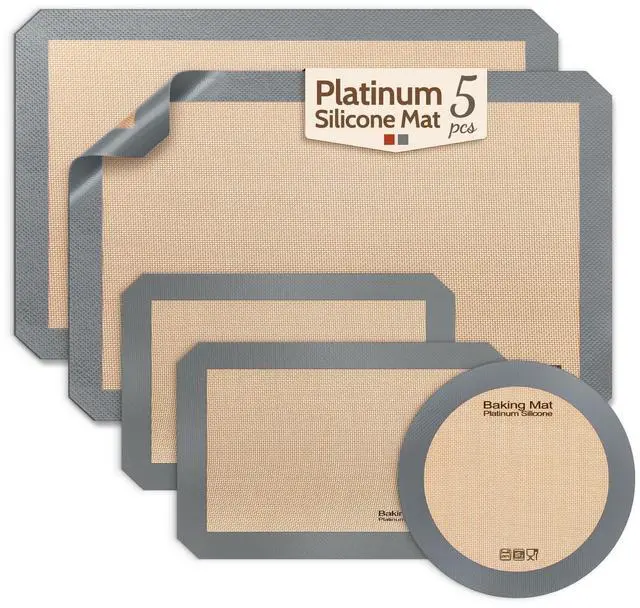 Main image of Silicone Baking Mat, Extra-Thick Platinum Silicone, Non-Stick Food Grade Baking Sheet Liners Set of 5, Reusable Dishwasher Safe, 2 Half Sheet + 2 Quarter Sheet + 1 Round 9"