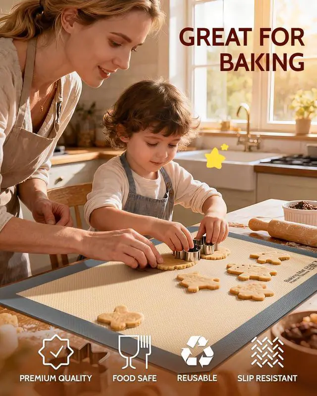 Alt view image 2 of 7 - Silicone Baking Mat, Extra-Thick Platinum Silicone, Non-Stick Food Grade Baking Sheet Liners Set of 5, Reusable Dishwasher Safe, 2 Half Sheet + 2 Quarter Sheet + 1 Round 9"