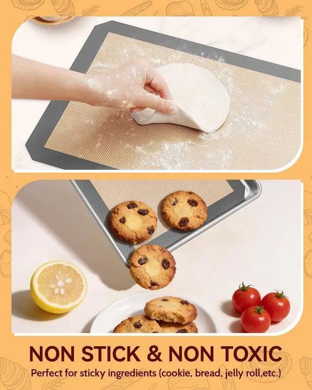 Alt view image 3 of 7 - Silicone Baking Mat, Extra-Thick Platinum Silicone, Non-Stick Food Grade Baking Sheet Liners Set of 5, Reusable Dishwasher Safe, 2 Half Sheet + 2 Quarter Sheet + 1 Round 9"