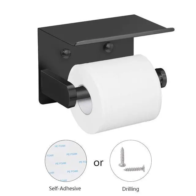 Alt view image 2 of 7 - Self Adhesive Toilet Paper Holder with Phone Shelf Stainless Steel Wall Mounted Toilet Paper Roll Holder - Rustproof and Bathroom Washroom Tissue Roll Holder with Shelf - Black