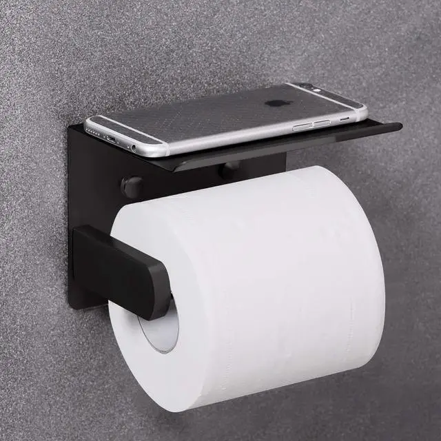 Alt view image 3 of 7 - Self Adhesive Toilet Paper Holder with Phone Shelf Stainless Steel Wall Mounted Toilet Paper Roll Holder - Rustproof and Bathroom Washroom Tissue Roll Holder with Shelf - Black