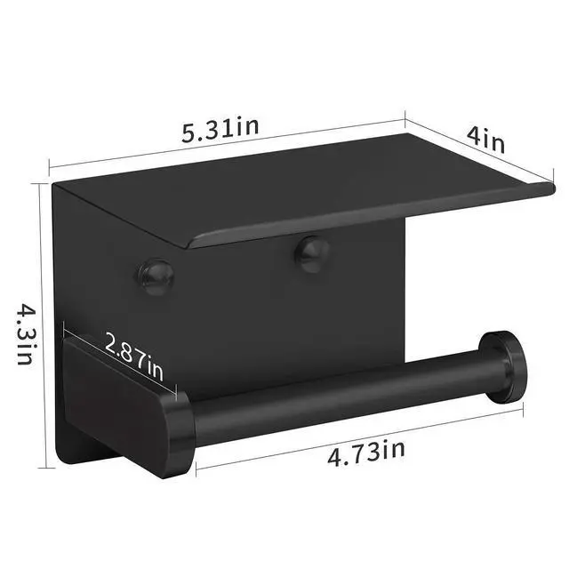 Alt view image 4 of 7 - Self Adhesive Toilet Paper Holder with Phone Shelf Stainless Steel Wall Mounted Toilet Paper Roll Holder - Rustproof and Bathroom Washroom Tissue Roll Holder with Shelf - Black