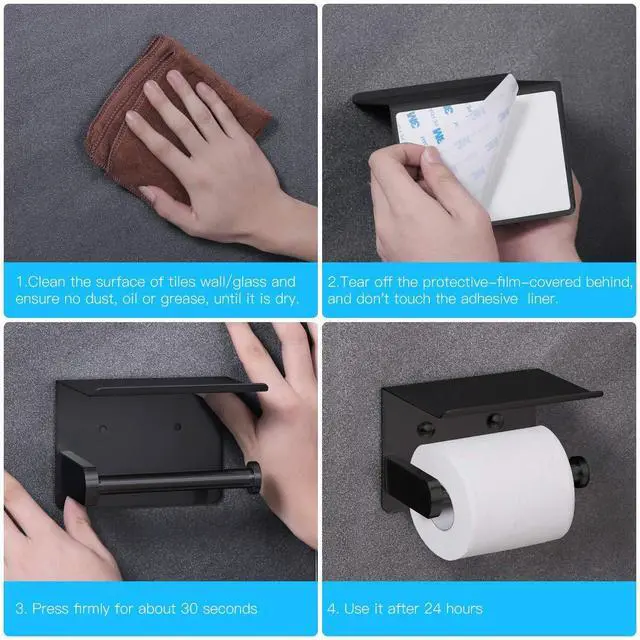 Alt view image 5 of 7 - Self Adhesive Toilet Paper Holder with Phone Shelf Stainless Steel Wall Mounted Toilet Paper Roll Holder - Rustproof and Bathroom Washroom Tissue Roll Holder with Shelf - Black