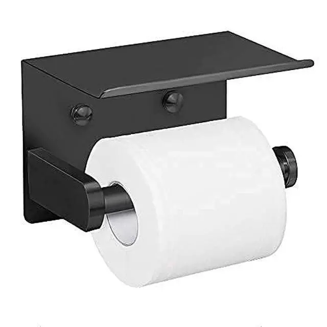 Alt view image 7 of 7 - Self Adhesive Toilet Paper Holder with Phone Shelf Stainless Steel Wall Mounted Toilet Paper Roll Holder - Rustproof and Bathroom Washroom Tissue Roll Holder with Shelf - Black
