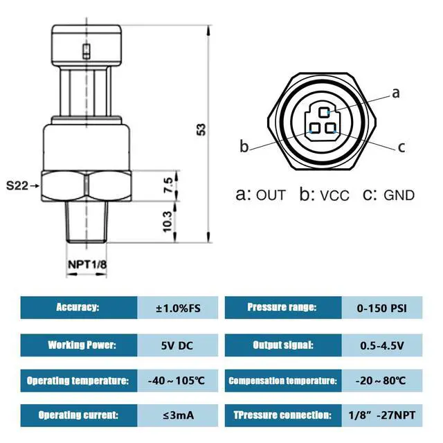 Alt view image 2 of 7 - 150 PSI Pressure Transducer Sensor with Connector Harness, 1/8"NPT Thread Stainless Steel Pressure Transmitter for Oil Fuel Water Air