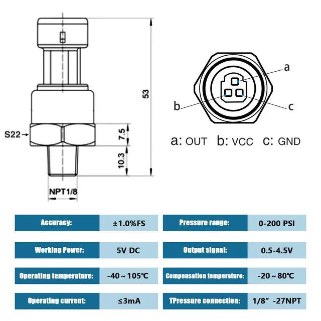 Alt view image 2 of 7 - 200 PSI Pressure Transducer Sensor with Connector Harness, 1/8"NPT Thread Stainless Steel Pressure Transmitter for Oil Fuel Water Air