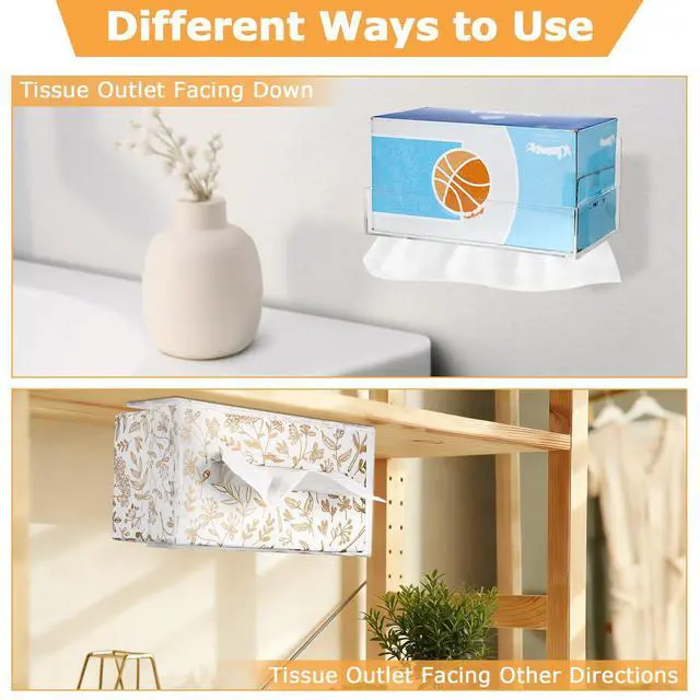 Alt view image 3 of 7 - Acrylic Tissue Box Holder Wall Mounted, Clear Rectangular Tissue Cover Organizer with Self Adhesive Hook and Screws, Classic Tissues Dispenser for Bathroom Toilet Kitchen Desk Cabinets RVs